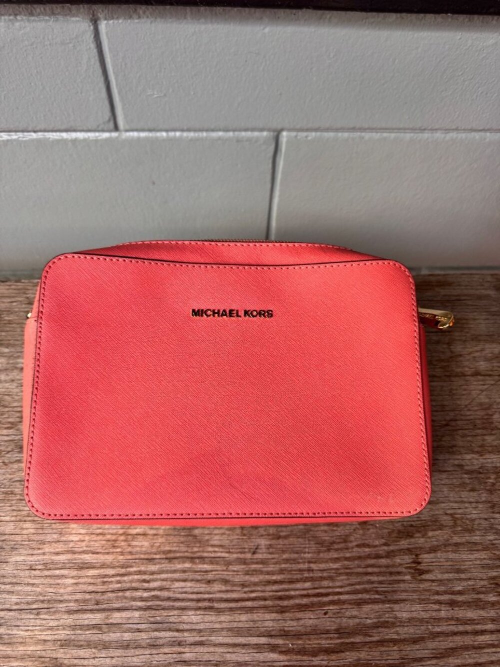 Michael Kors Coral Saffiano Double Zip Crossbody Bag Gold Hardware MK Logo Linin